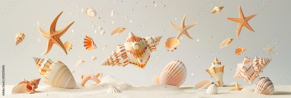 Sticker levitating seashell and starfish in warm light with dynamic motion and sand particles banner. panora