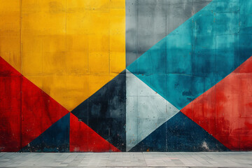 Minimalist design with large blocks of primary colors placed diagonally, intersecting at strategic points,