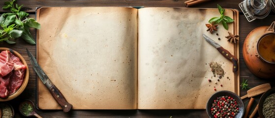 Blank vintage recipe book with ingredients on wooden table. Top view with copy space.