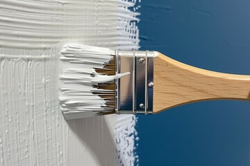 A paintbrush is being used to paint wall with white paint