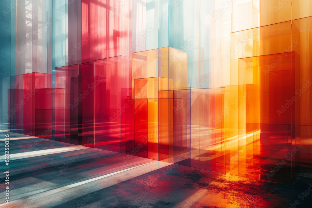 Poster Abstract illustration with large, translucent colored blocks layered over one another, blending at the edges,