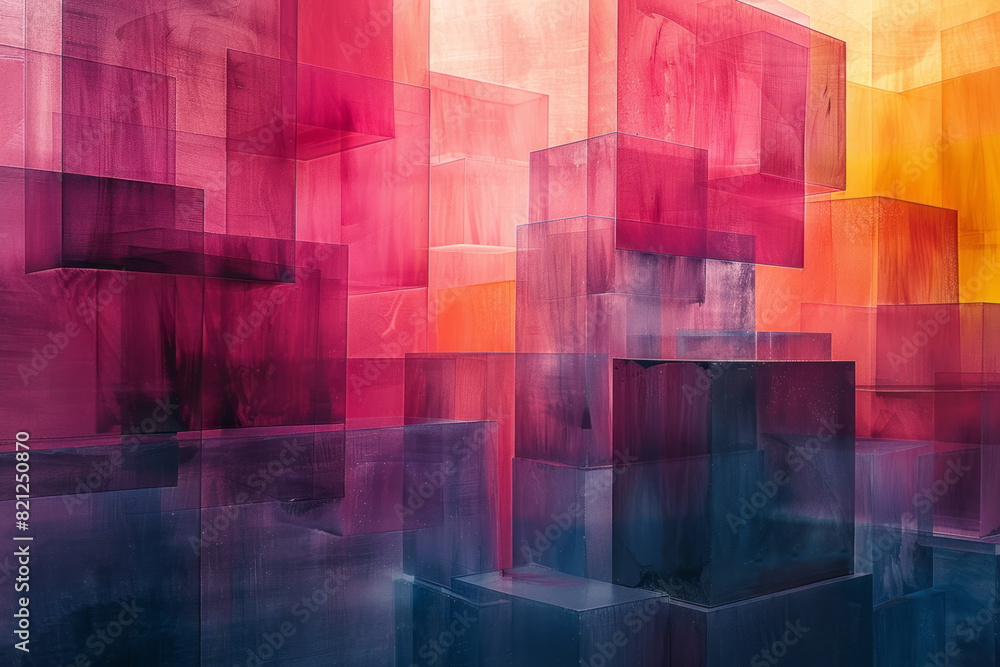 Poster Abstract illustration with large, translucent colored blocks layered over one another, blending at the edges,