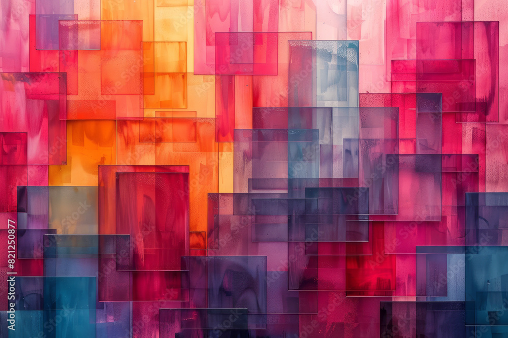 Poster abstract illustration with large, translucent colored blocks layered over one another, blending at t