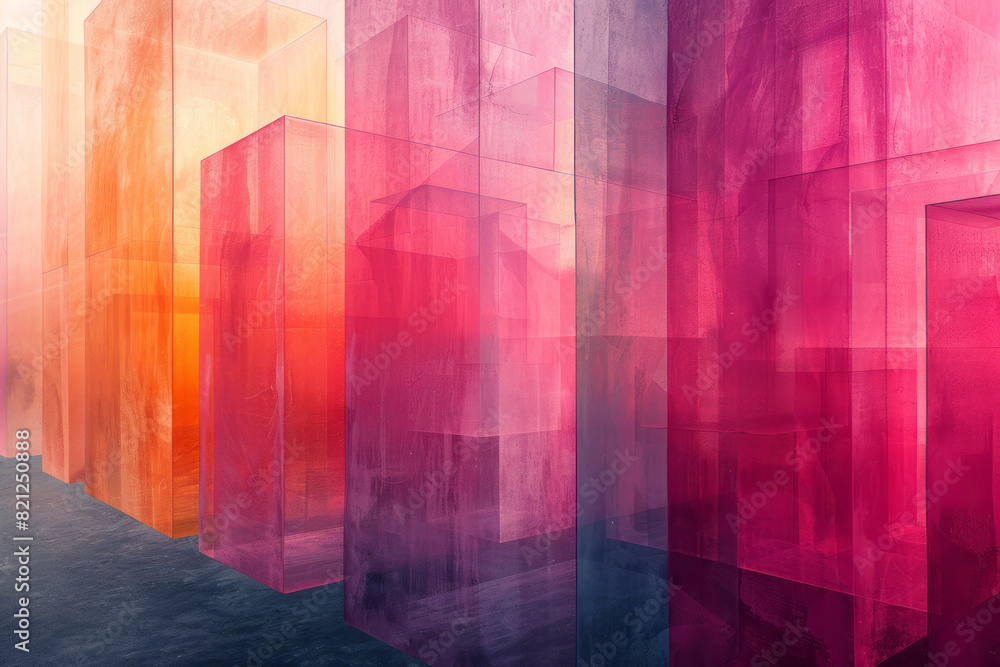 Poster abstract illustration with large, translucent colored blocks layered over one another, blending at t
