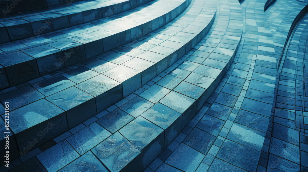 Poster composition of oversized blocks in shades of blue, forming a wave-like pattern for a calming effect,