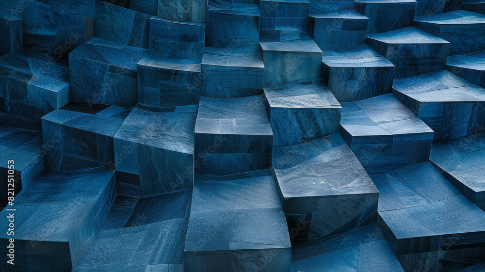 Poster Composition of oversized blocks in shades of blue, forming a wave-like pattern for a calming effect,