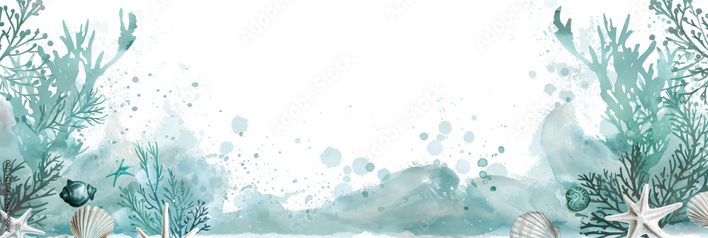 Sticker abstract marine themed background banner with seashells and coral. panoramic web header. wide screen