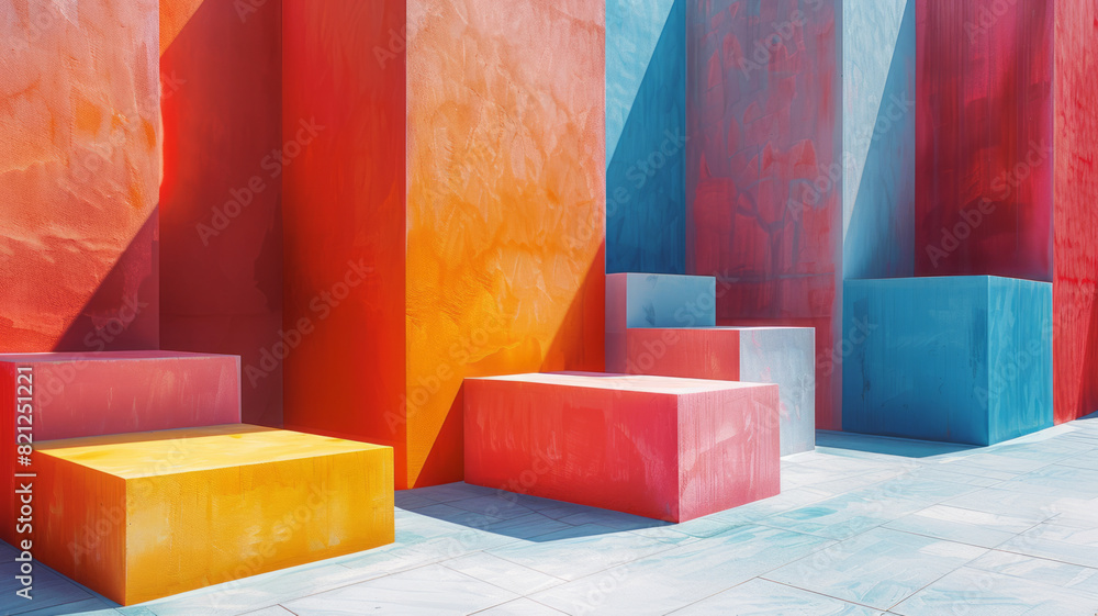 Poster illustration with large blocks of complementary colors, placed at varying heights to create visual i