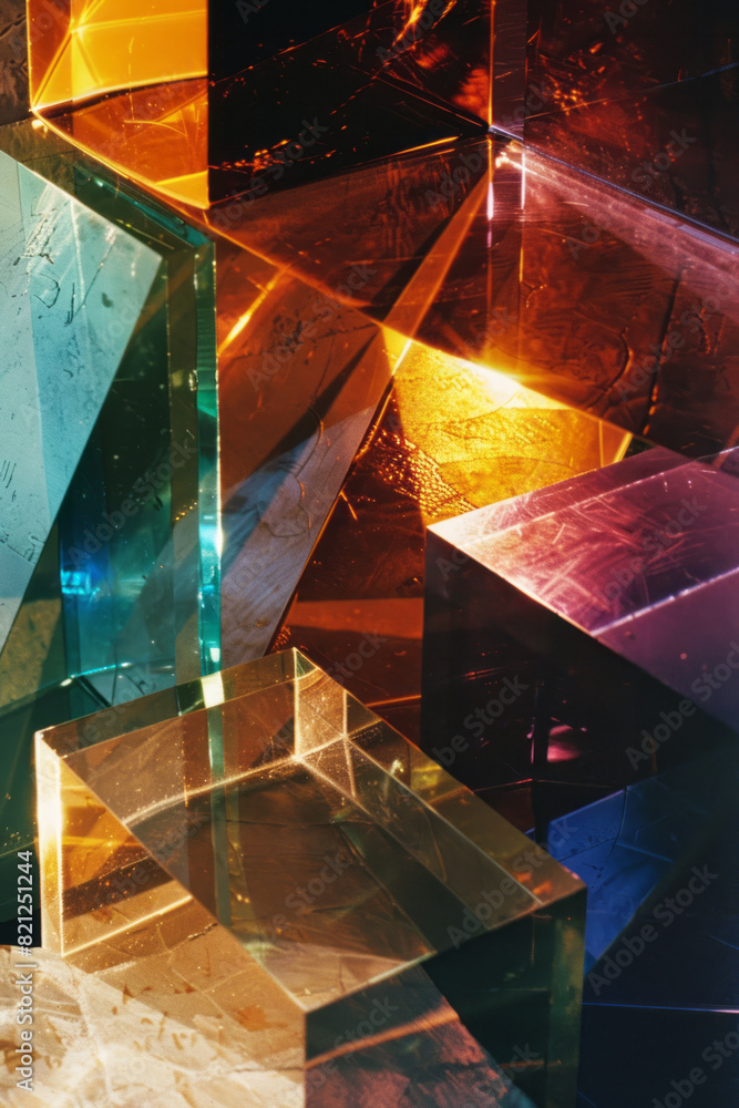 Poster abstract composition featuring large blocks of metallic shades, arranged to reflect light and create