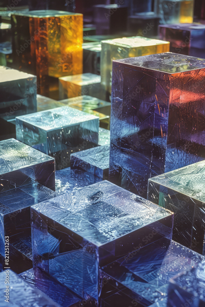 Poster abstract composition featuring large blocks of metallic shades, arranged to reflect light and create