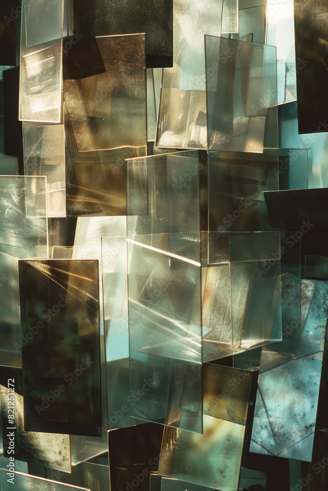 Poster abstract composition featuring large blocks of metallic shades, arranged to reflect light and create