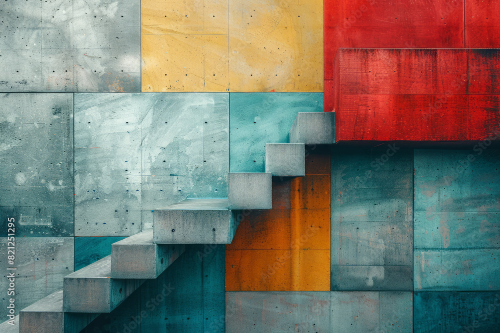 Poster minimalist artwork with large blocks of muted colors, placed symmetrically to achieve balance and ha
