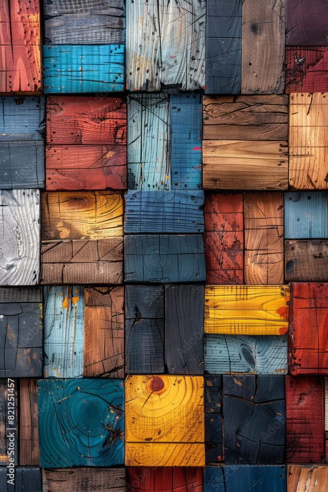Poster design with large, textured colored blocks, arranged in a patchwork pattern for a modern rustic feel