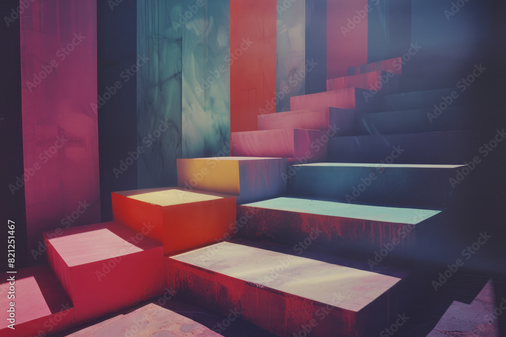 Poster illustration featuring large blocks of gradient colors that transition from light to dark, creating 