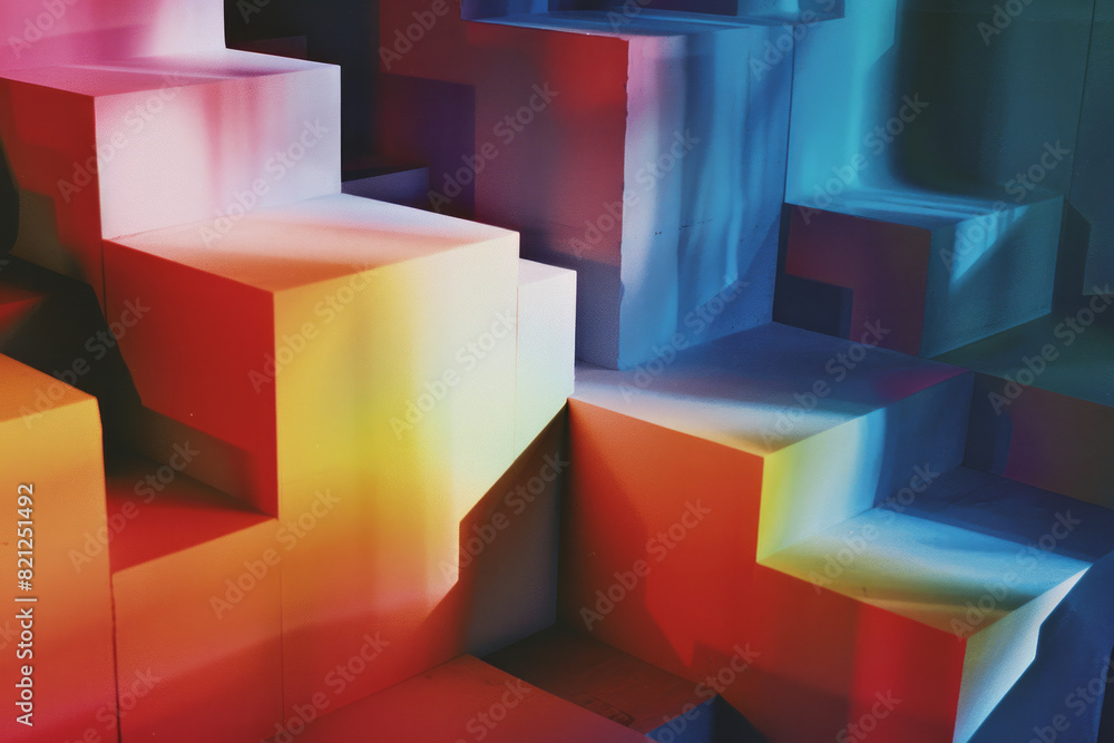 Poster Illustration featuring large blocks of gradient colors that transition from light to dark, creating a sense of depth,