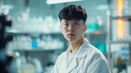 Portrait of a Young Asian Scientist in a Modern Research Laboratory