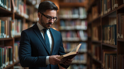 Intelligent Businessman Engrossed in Literature at an Elegant Library