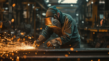 Skilled Welder in Action, Sparks Flying in an Industrial Workshop