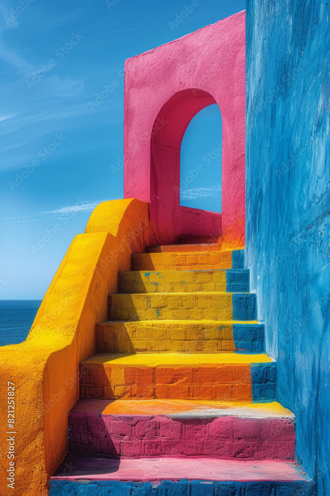 Poster design with oversized blocks of pastel colors, placed in a symmetrical pattern to create a calming a
