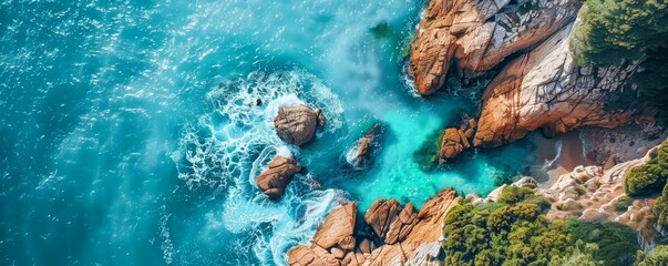 Breathtaking aerial view of a rocky coastline with crystal-clear turquoise water, lush greenery, and waves crashing against the rocks.
