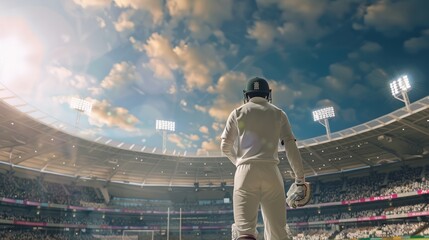 Cricket player standing ready in the middle of cricket arena stadium