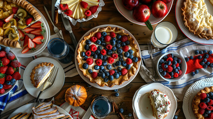 festive Bastille Day table set with French pastries, quiche, and fresh fruits