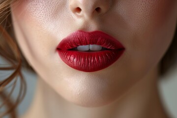 A woman with red lips and a red lip liner