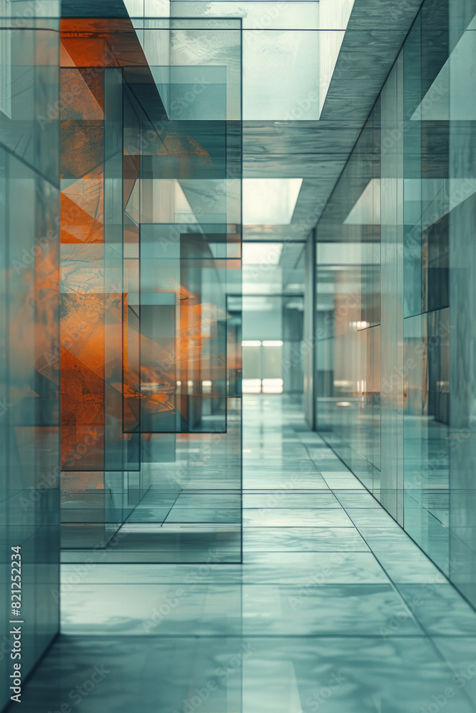 Poster minimalist design with squares of different transparencies overlapping, resulting in a grid-like pat
