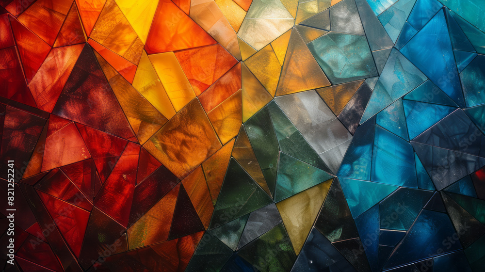 Poster composition of intersecting triangles in varying colors and opacities, forming a complex, transparen