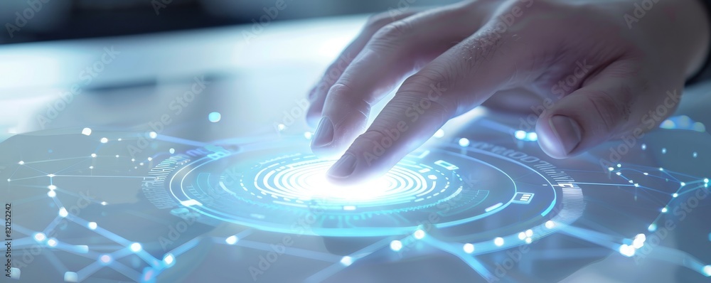 Poster close-up of a hand interacting with a futuristic touchscreen interface, representing advanced techno