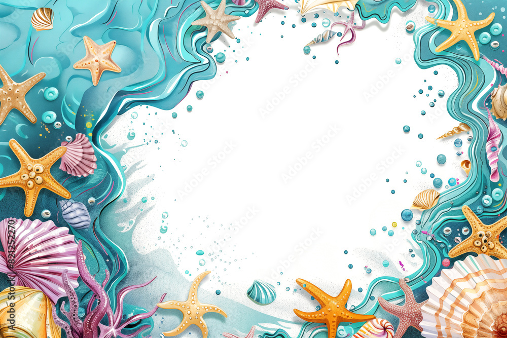 Sticker underwater marine frame with starfish and seashells swirling around white background with copy space