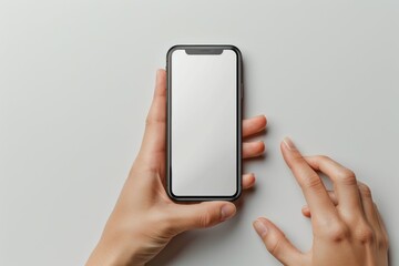A person is holding cell phone with a black case and a white screen