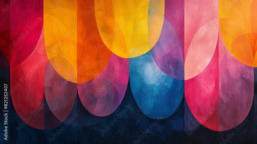 Poster illustration using overlapping ovals in vibrant hues, with varying opacities to form a dynamic, flow