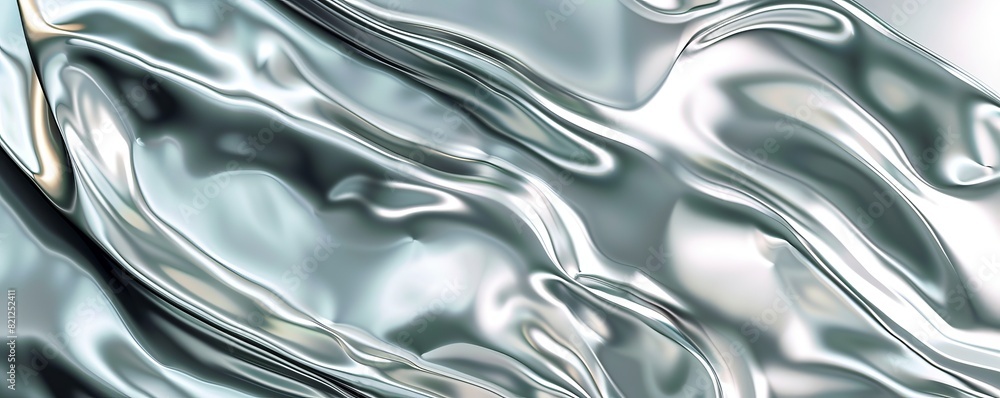 Poster Close-up of a shiny, abstract metallic texture with flowing, liquid-like patterns in silver tones. Ideal for backgrounds or design concepts.