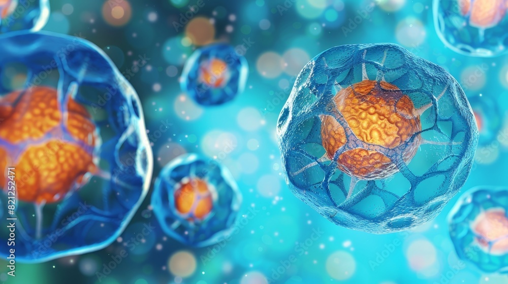Poster close-up of biological cells under a microscope with glowing structures, representing scientific res