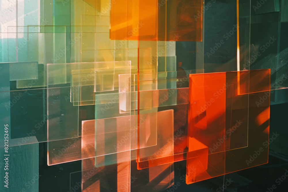 Fototapete Composition of transparent rectangles stacked and shifted, creating a 3D effect with light and shadow play,