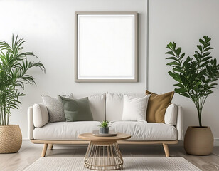 Modern cozy mock up and decoration furniture of living room with empty canvas frame