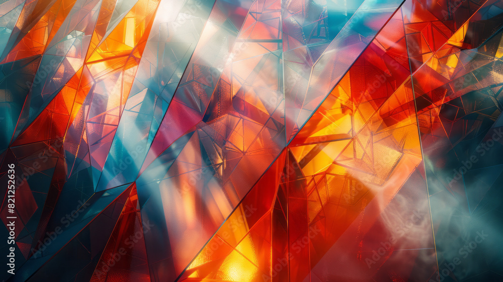 Poster modern design with overlapping polygons in contrasting colors and opacities, forming a fragmented, c