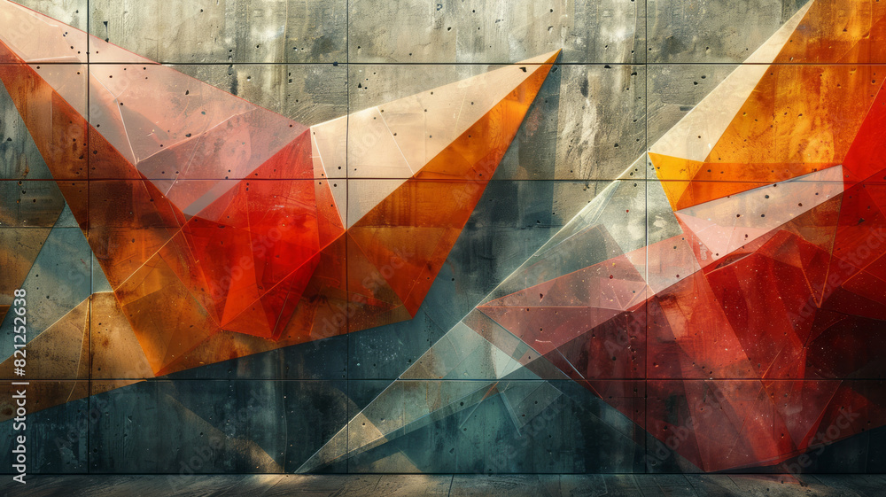 Poster Modern design with overlapping polygons in contrasting colors and opacities, forming a fragmented, crystalline appearance,