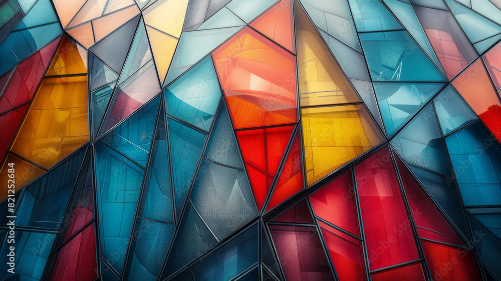 Poster modern design with overlapping polygons in contrasting colors and opacities, forming a fragmented, c