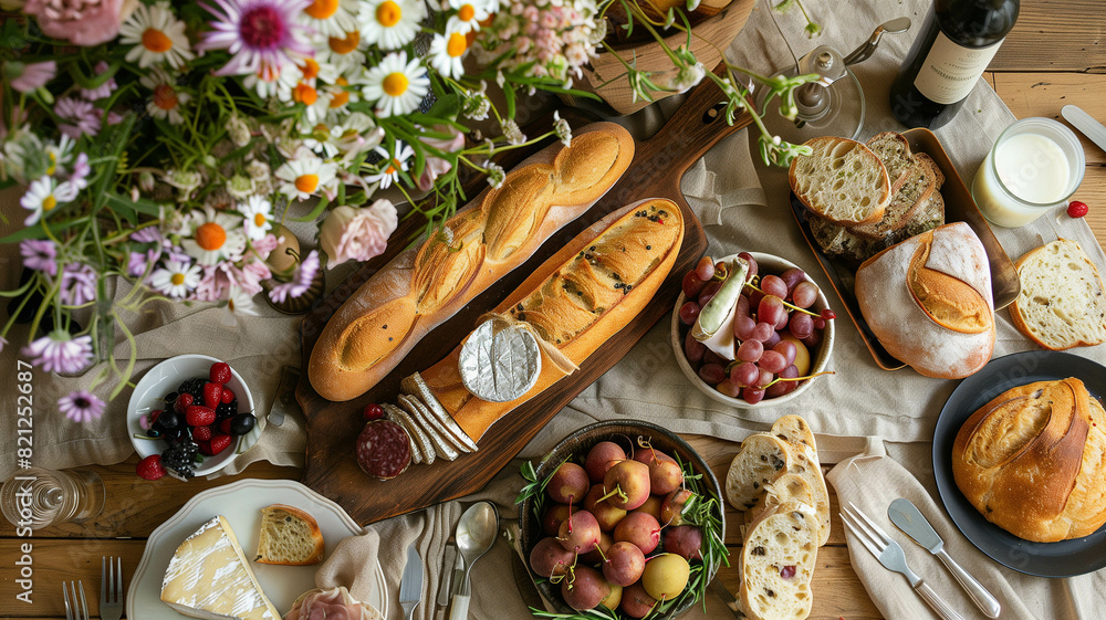 Wall mural table set for Bastille Day, featuring a spread of French bread, cheeses, charcuterie, and a bouquet of fresh flowers - Wall murals