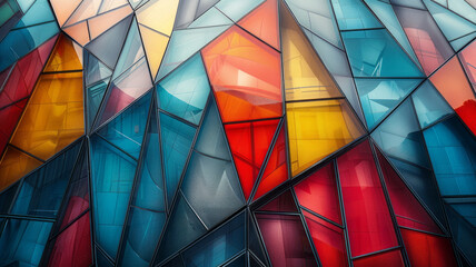 Modern design with overlapping polygons in contrasting colors and opacities, forming a fragmented, crystalline appearance,
