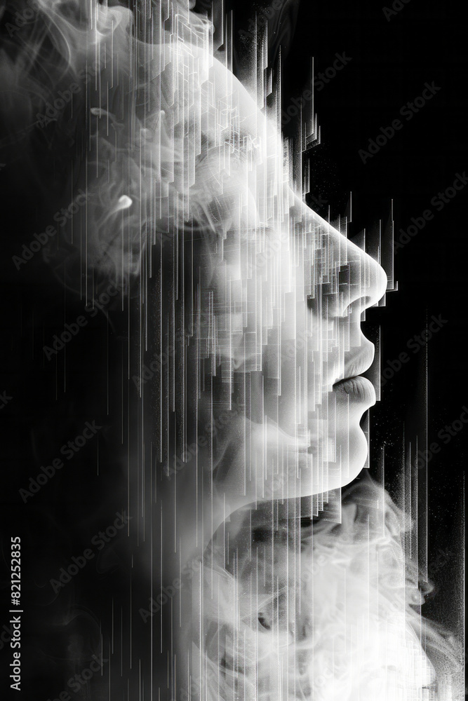 Poster Illustration using transparent parallelograms arranged in a zigzag pattern, creating a sense of dynamic movement,