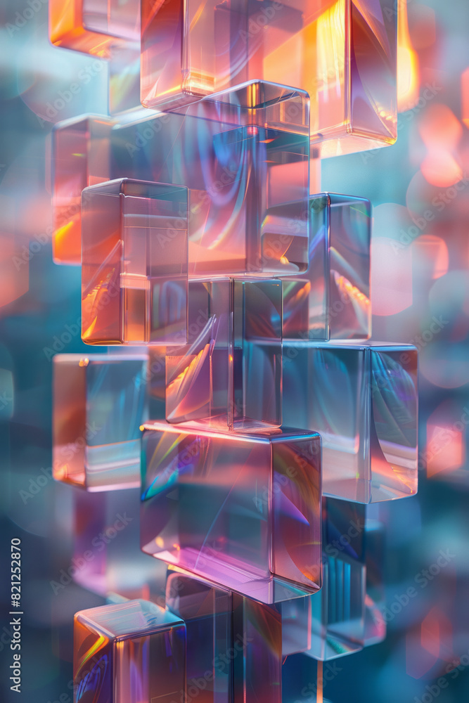 Poster Illustration using transparent parallelograms arranged in a zigzag pattern, creating a sense of dynamic movement,