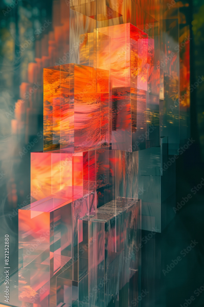 Poster Illustration using transparent parallelograms arranged in a zigzag pattern, creating a sense of dynamic movement,
