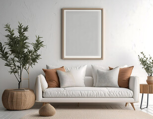 Modern cozy mock up and decoration furniture of living room with empty canvas frame