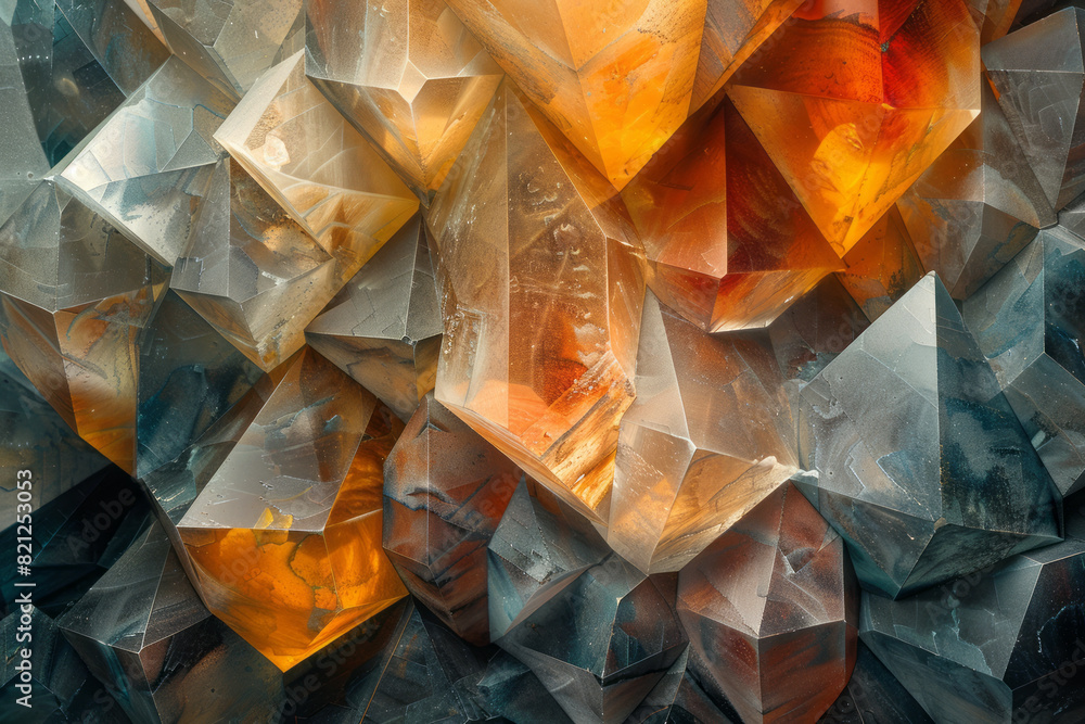 Poster abstract artwork featuring intersecting pentagons with varying opacities, creating a layered, facete