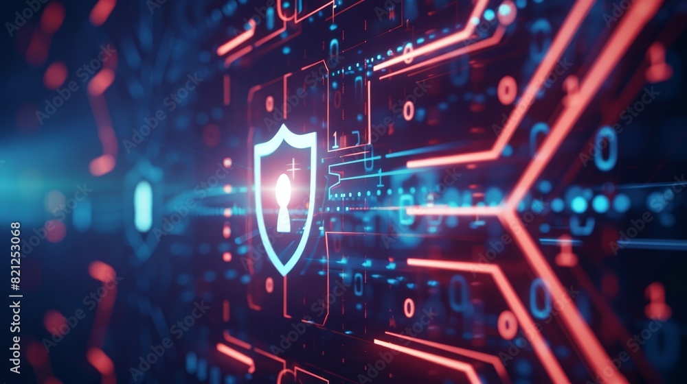 Poster cybersecurity concept with a glowing shield icon on a futuristic digital background, representing da
