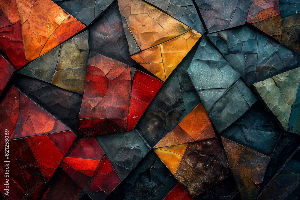 Poster abstract artwork featuring intersecting pentagons with varying opacities, creating a layered, facete