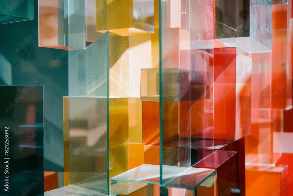 Poster Composition of transparent trapezoids arranged in a staggered pattern, creating a sense of depth and dimension,